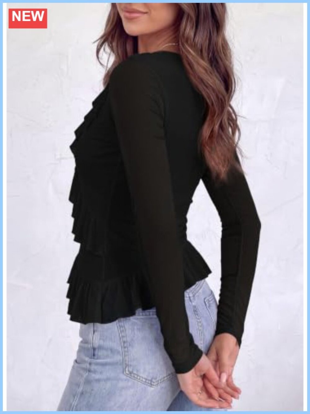 Sheer Mesh Long Sleeve Ruffle V Neck Ruched Blouse - Picture 4 of 6